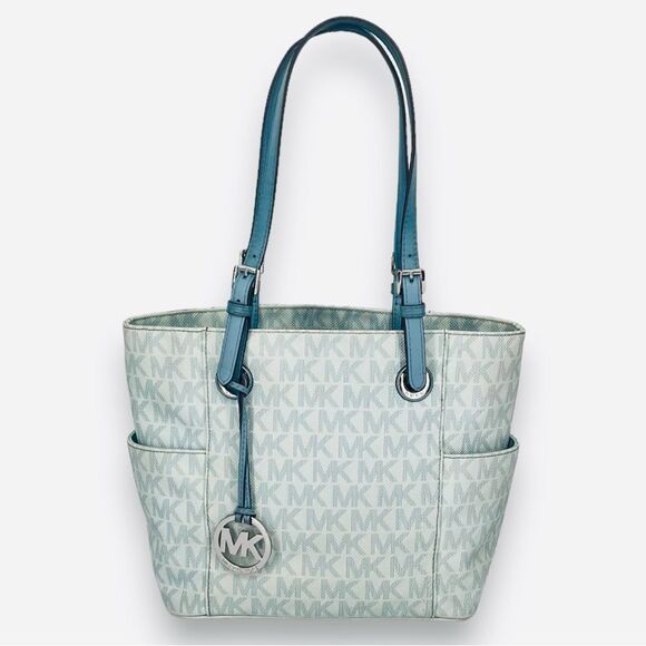Michael Kors Limited Edition Jet Set Sky Blue Signature Logo Leather Trim Tote - Picture 1 of 16